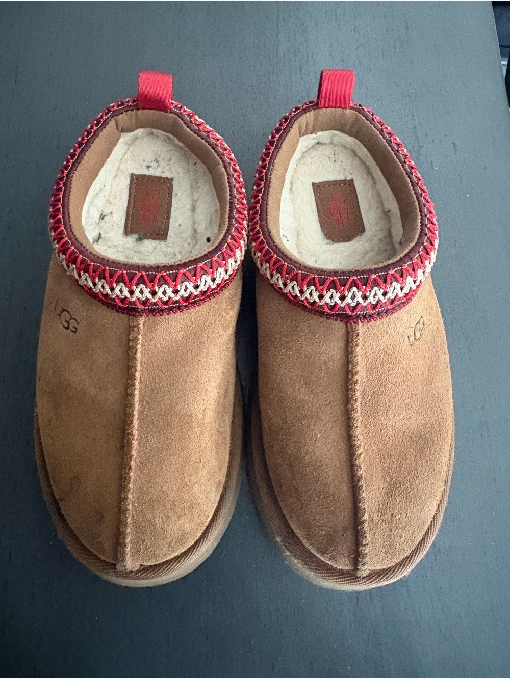 UGG Brown Suede Slip-On Slippers with Red Trim
